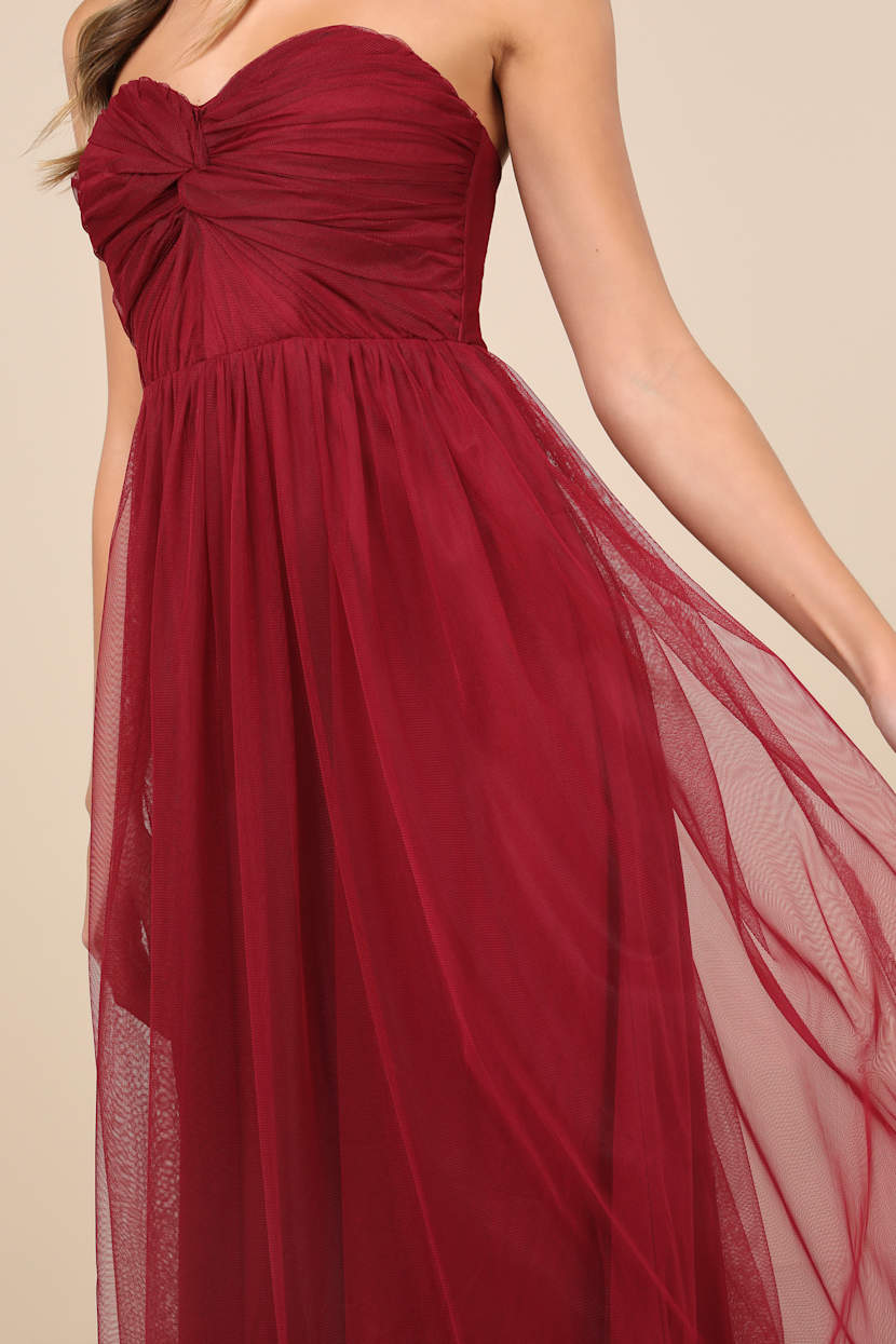 Burgundy Mesh Dress - Strapless Midi Dress - Twist-Front Dress - Lulus