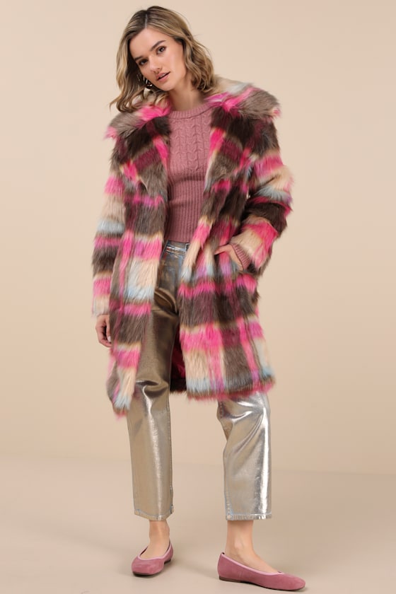 Nvlt Fancy Brown And Fuchsia Plaid Faux Fur Coat In Fuchsia