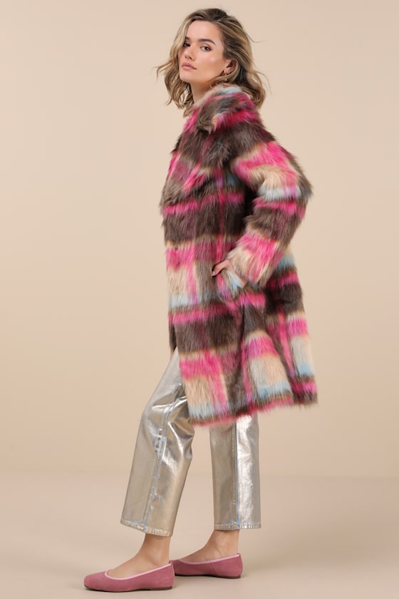 Nvlt Fancy Brown And Fuchsia Plaid Faux Fur Coat In Fuchsia