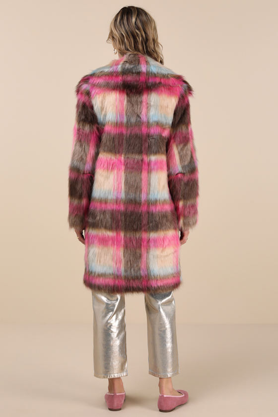 Nvlt Fancy Brown And Fuchsia Plaid Faux Fur Coat In Fuchsia