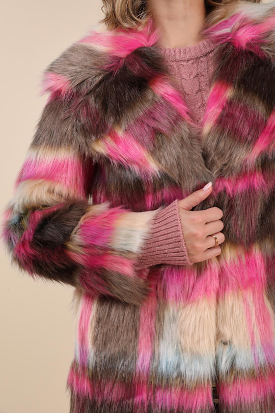Nvlt Fancy Brown And Fuchsia Plaid Faux Fur Coat In Fuchsia
