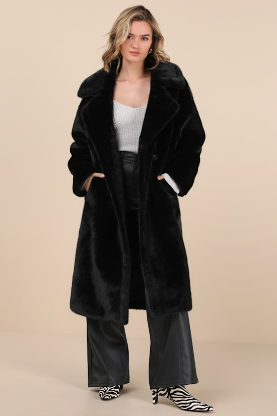 Avec Les Filles Notch Collar Faux Fur Coat In Black