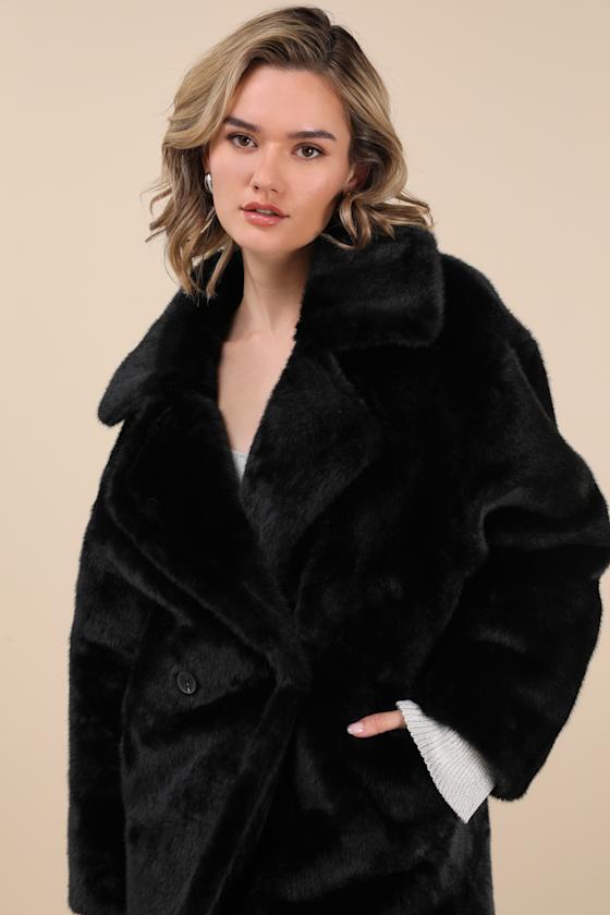 Avec Les Filles Notch Collar Faux Fur Coat In Black