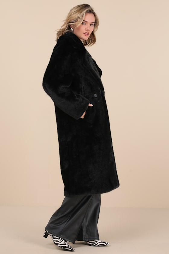 Avec Les Filles Notch Collar Faux Fur Coat In Black