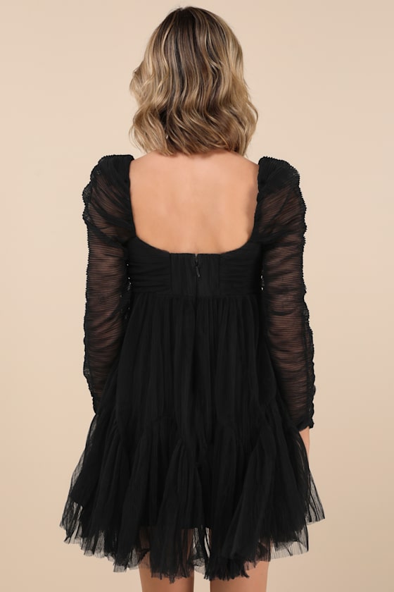 MOON RIVER HARENA BLACK TULLE PLISSE LONG SLEEVE MINI DRESS