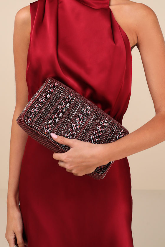 Lizza Burgundy Rhinestone Clutch 1