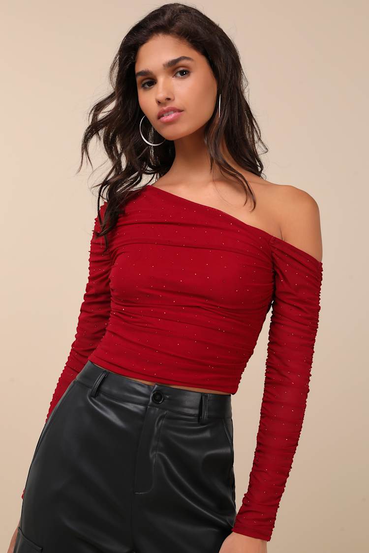Popular Sparkle Wine Red Rhinestone Asymmetrical Crop Top