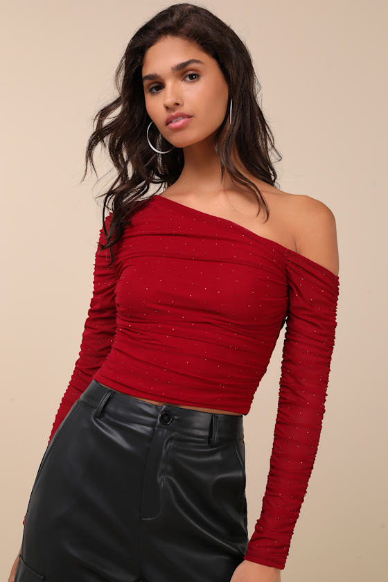 Popular Sparkle Wine Red Rhinestone Asymmetrical Crop Top 4