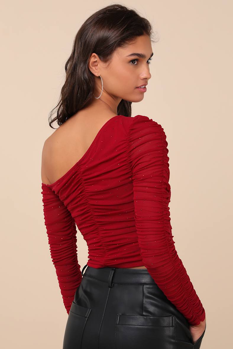 Popular Sparkle Wine Red Rhinestone Asymmetrical Crop Top