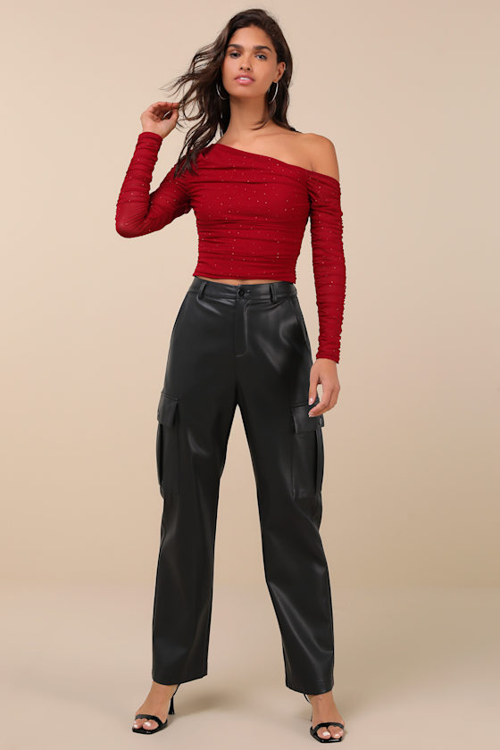 Lulus Popular Sparkle Wine Red Rhinestone Asymmetrical Crop Top In Wine Red