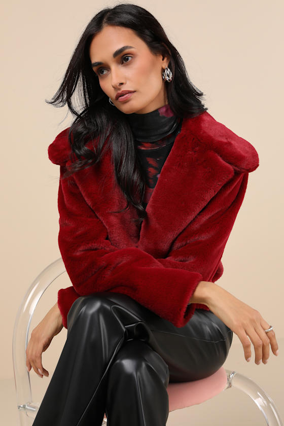 Cuddly Sensation Wine Red Faux Fur Cropped Jacket 1