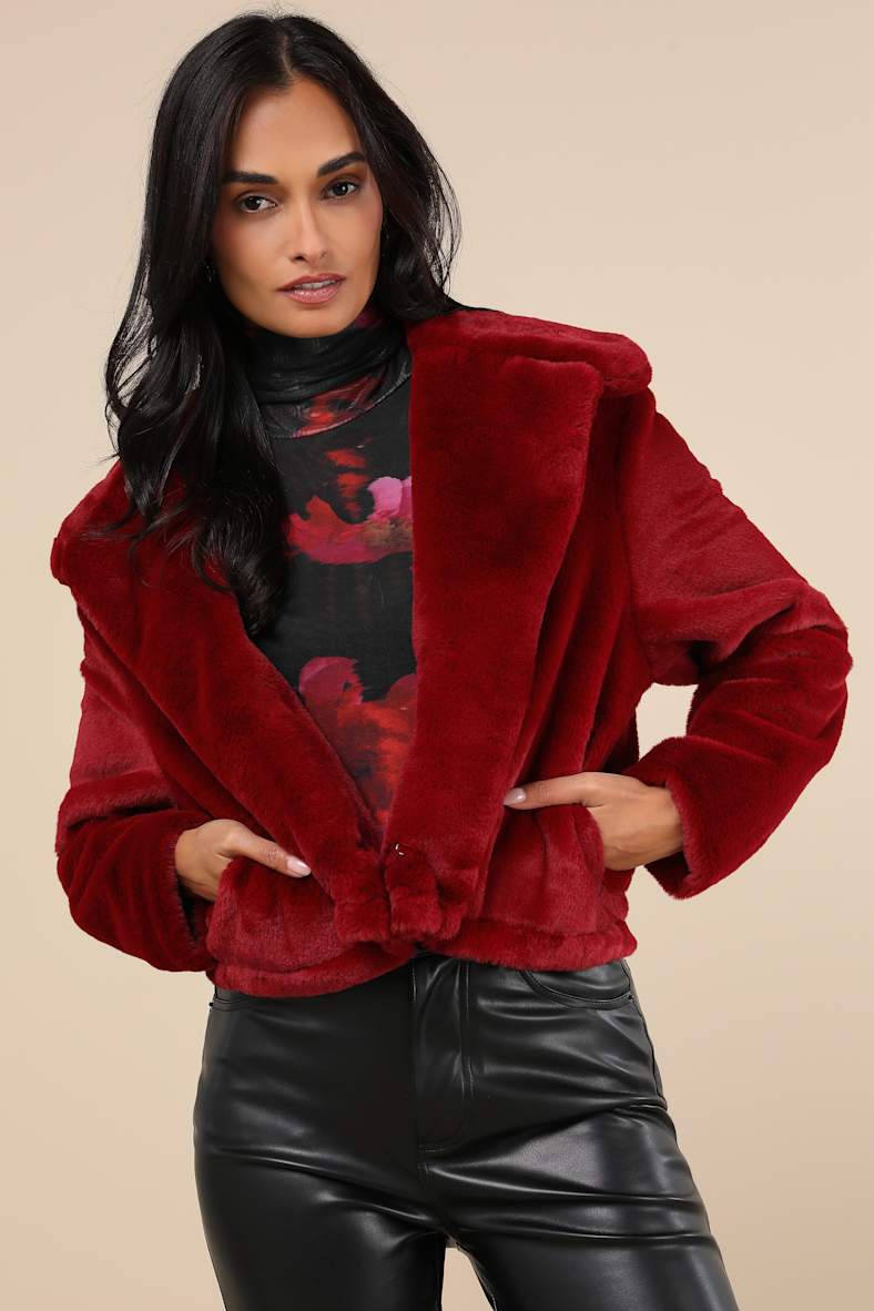 Cuddly Sensation Wine Red Faux Fur Cropped Jacket