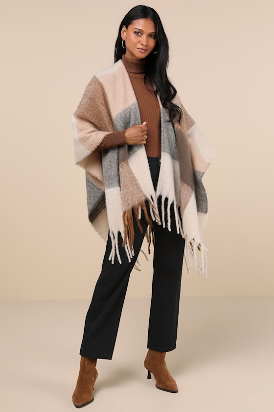 Coziest Babe Ivory and Brown Plaid Wrap 1