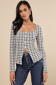 Curated Look Black and Ivory Plaid Long Sleeve Top 2
