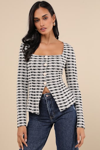 Curated Look Black and Ivory Plaid Long Sleeve Top 2