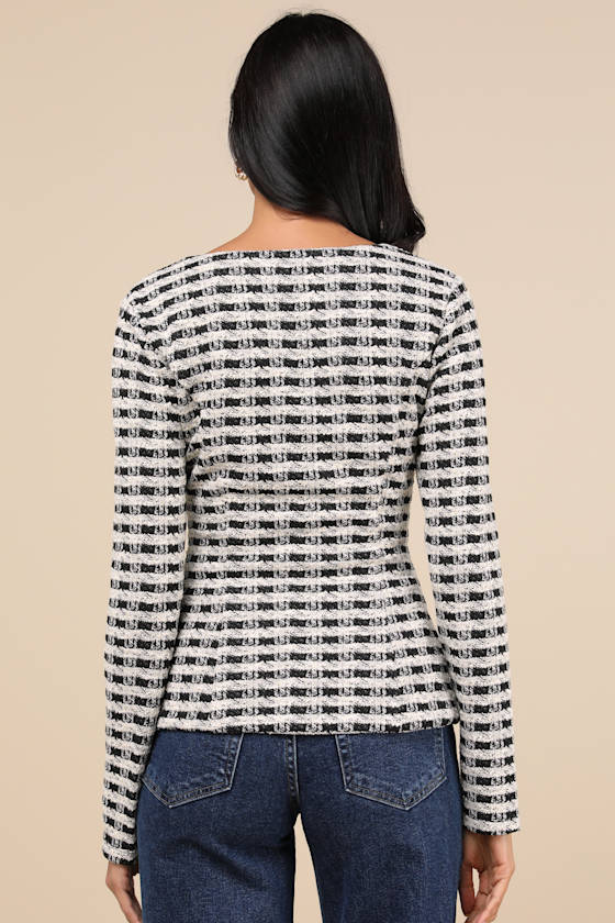 Lulus Curated Look Black And Ivory Plaid Long Sleeve Top In Black And Ivory