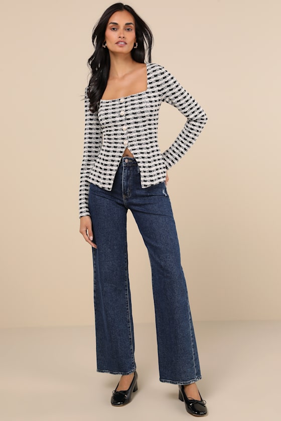 Curated Look Black and Ivory Plaid Long Sleeve Top 4