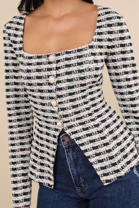 Lulus Curated Look Black And Ivory Plaid Long Sleeve Top In Black And Ivory