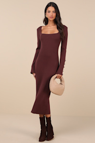 Classy Attitude Brown Ribbed Square Neck Midi Sweater Dress 5