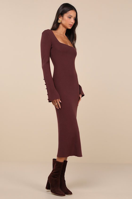 Lulus Classy Attitude Brown Ribbed Square Neck Midi Sweater Dress In Brown