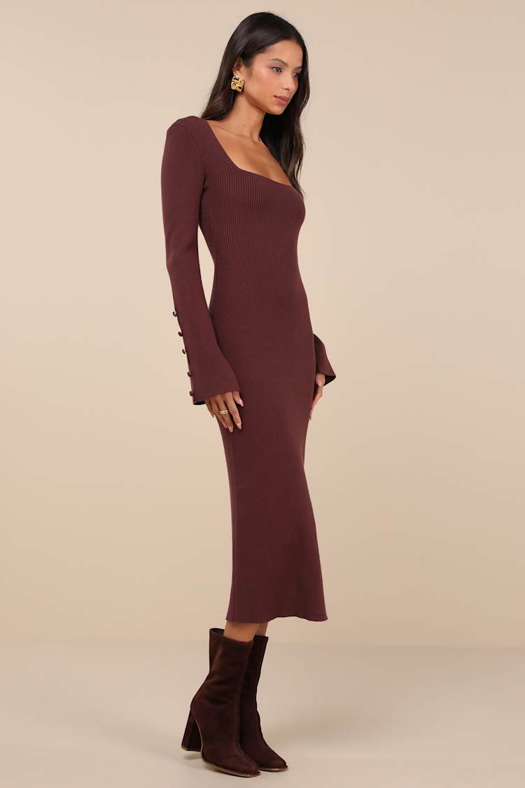 Classy Attitude Brown Ribbed Square Neck Midi Sweater Dress