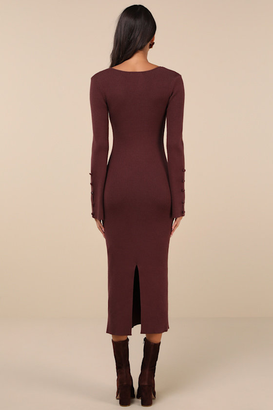 Lulus Classy Attitude Brown Ribbed Square Neck Midi Sweater Dress In Brown