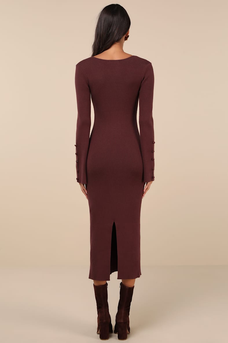 Classy Attitude Brown Ribbed Square Neck Midi Sweater Dress