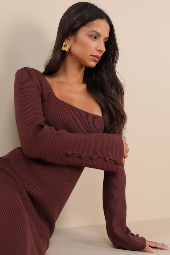 Lulus Classy Attitude Brown Ribbed Square Neck Midi Sweater Dress In Brown
