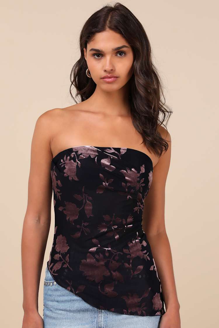 Sweetest Outcome Black Velvet Burnout Strapless Top