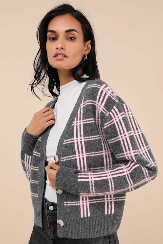 Ideal Crush Charcoal Grey and Pink Plaid Cardigan 3