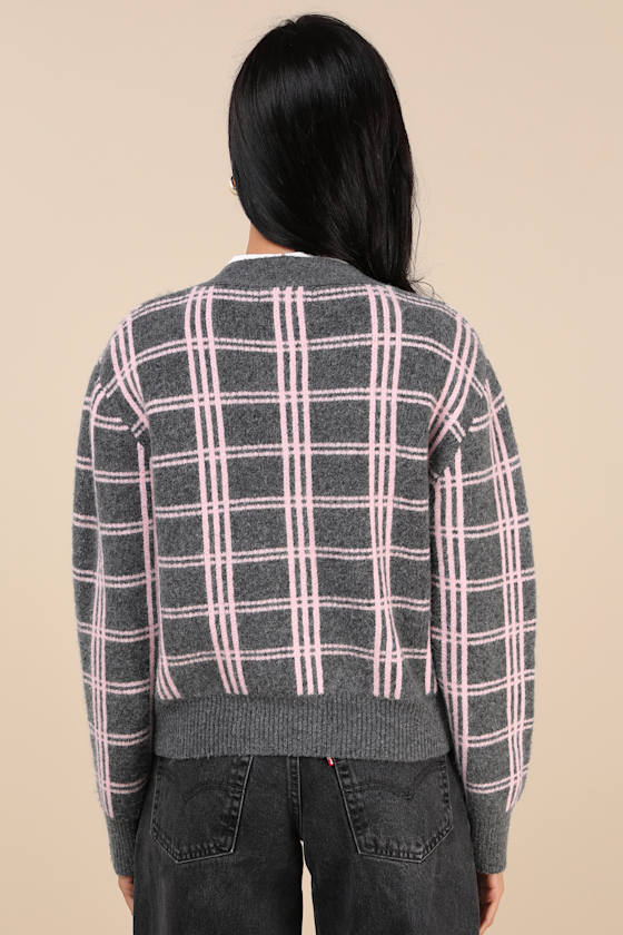 Ideal Crush Charcoal Grey and Pink Plaid Cardigan 1
