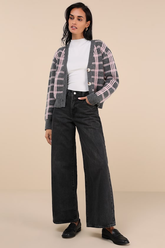 Lulus Ideal Crush Charcoal Grey And Pink Plaid Cardigan In Charcoal Grey