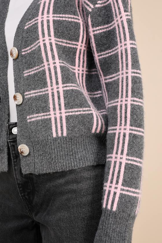 Lulus Ideal Crush Charcoal Grey And Pink Plaid Cardigan In Charcoal Grey