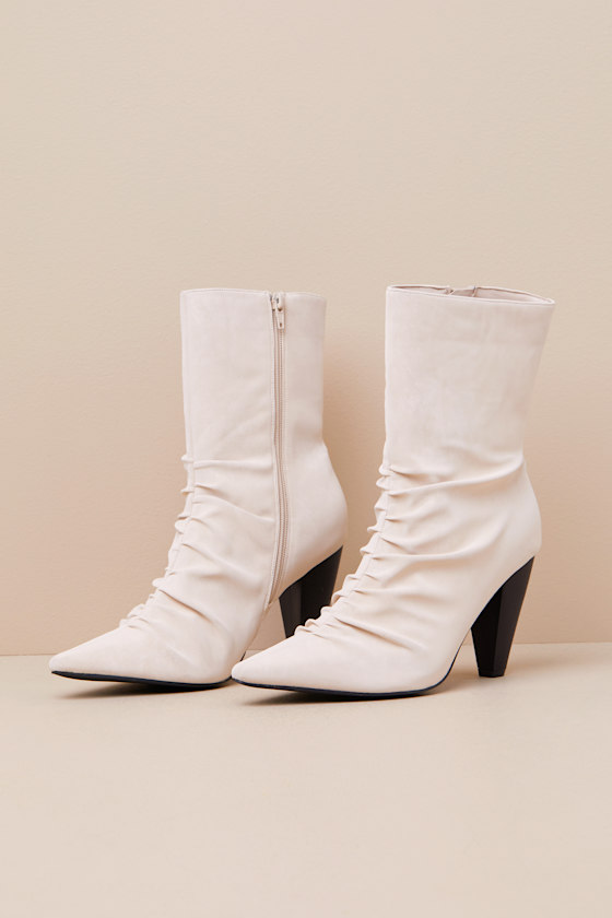 Lulus Klint Bone Suede Ruched Pointed-toe Ankle Boots In White