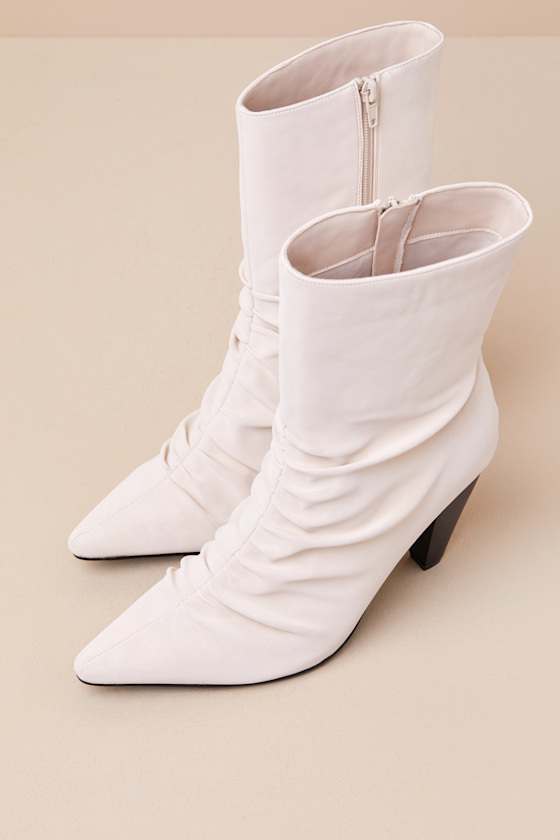Lulus Klint Bone Suede Ruched Pointed-toe Ankle Boots In White