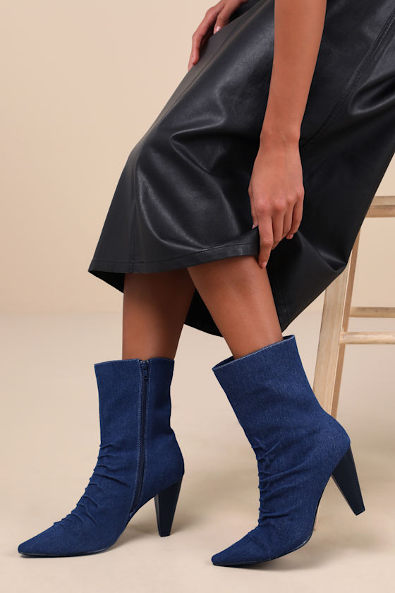 Lulus Klint Denim Ruched Pointed-toe Ankle Boots In Blue