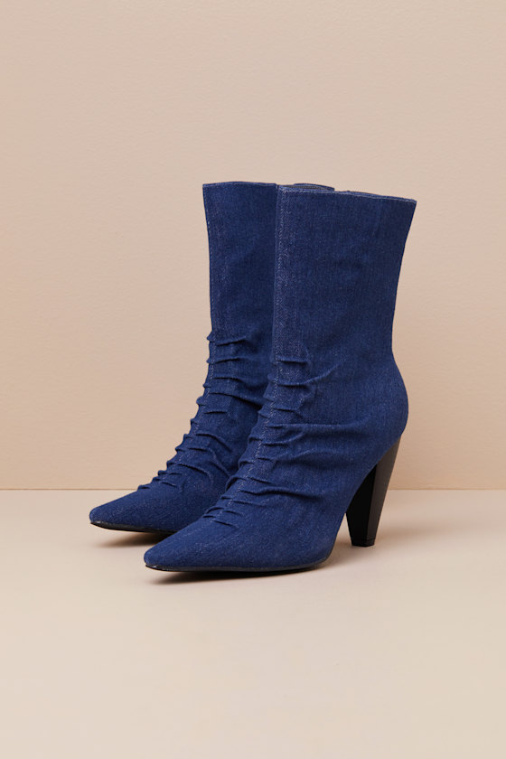 Lulus Klint Denim Ruched Pointed-toe Ankle Boots In Blue