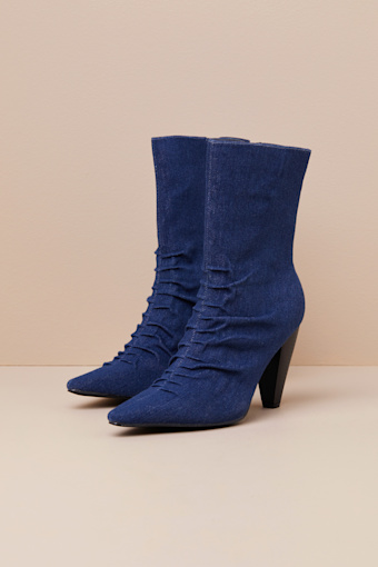 Klint Denim Ruched Pointed-Toe Ankle Boots 1