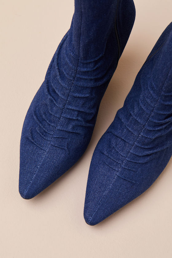 Lulus Klint Denim Ruched Pointed-toe Ankle Boots In Blue