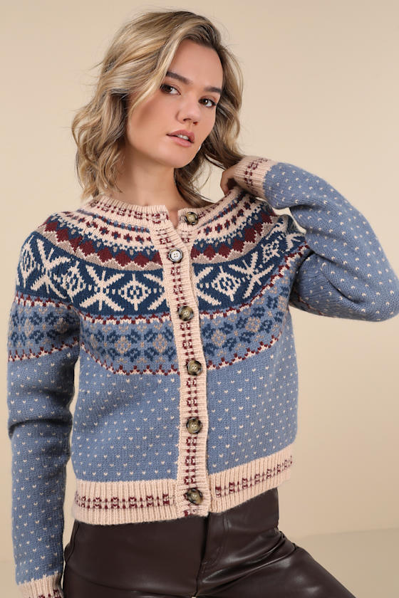 Lulus First Frost Blue Fair Isle Cardigan In Blue