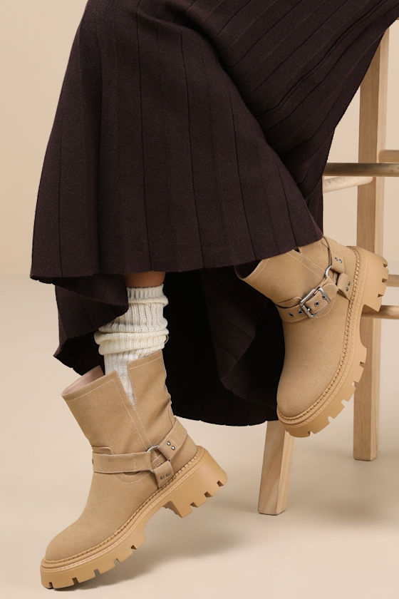 Lulus Rylander Sand Suede Moto Ankle Boots In Sand