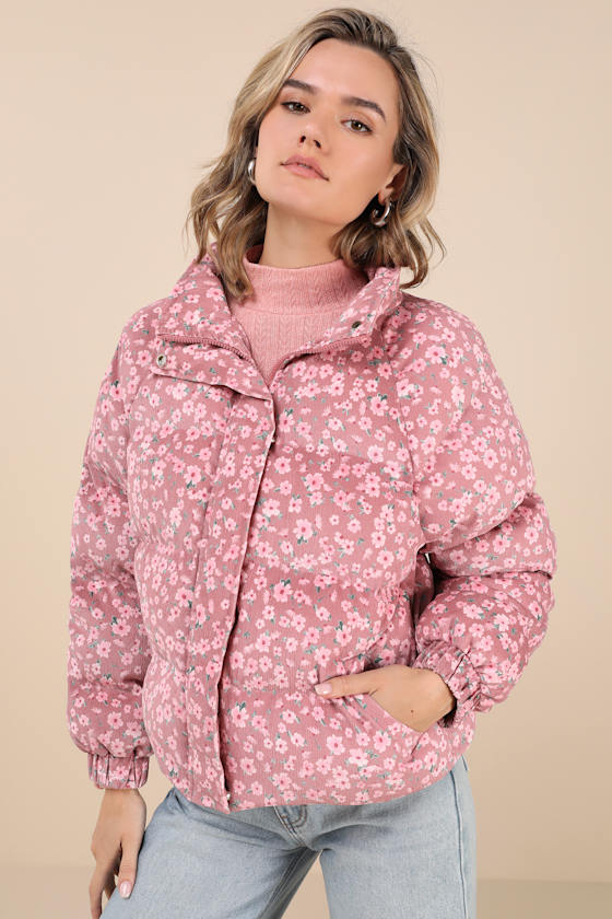 Lulus Calli Pink Floral Corduroy Puffer Jacket In Pink