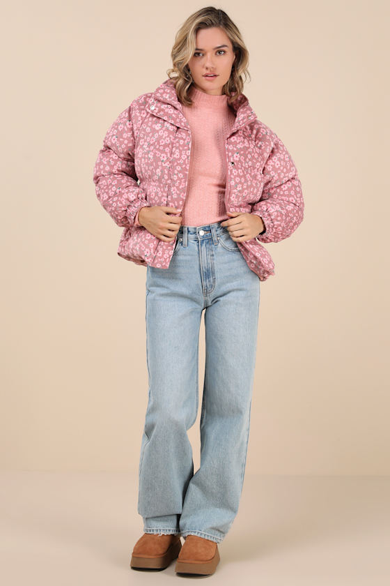 Lulus Calli Pink Floral Corduroy Puffer Jacket In Pink