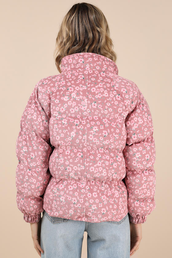 Lulus Calli Pink Floral Corduroy Puffer Jacket In Pink