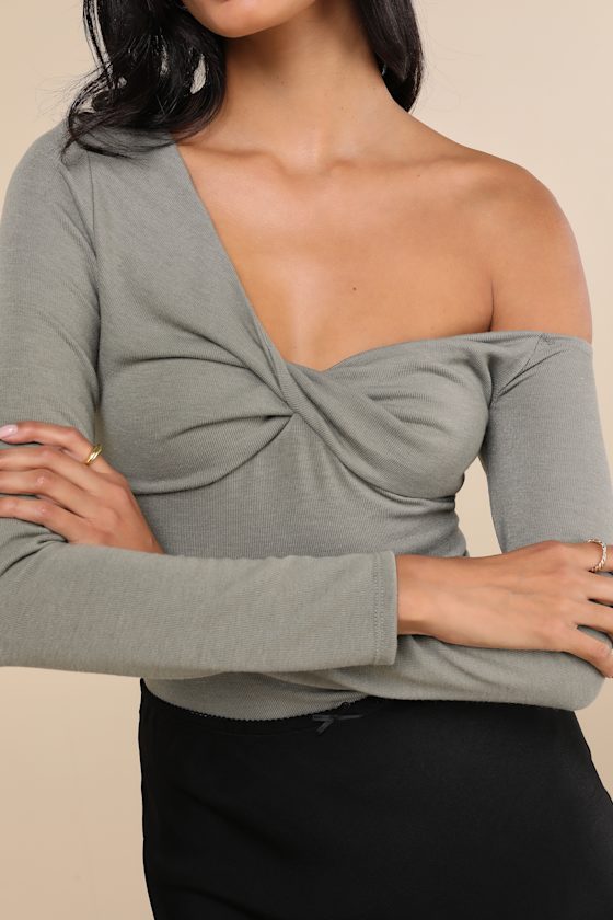 Lulus Adorable Simplicity Olive Green One-shoulder Sweater Top In Olive Green