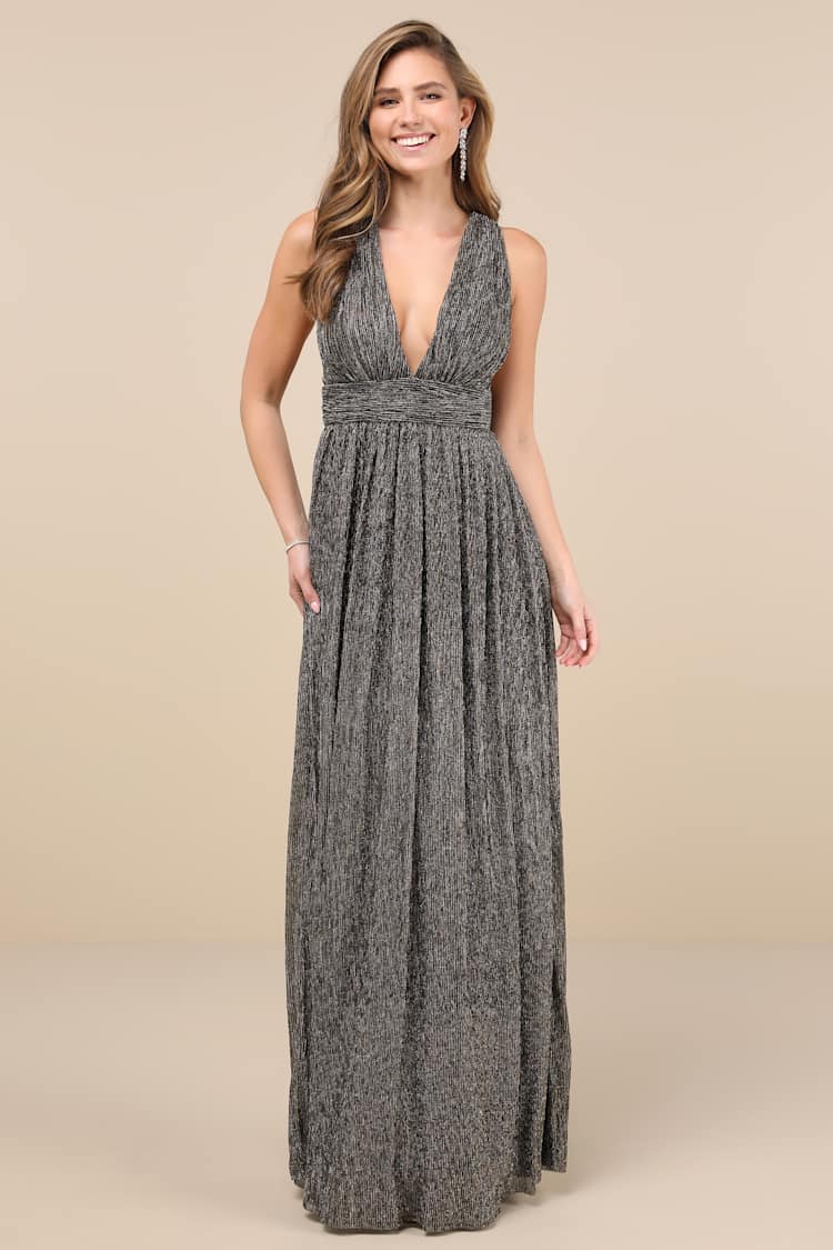 knee length dresses for ladies METALLIC STRIPED CHIFFON MAXI DRESS IN BLACK | CULT MIA main image 0