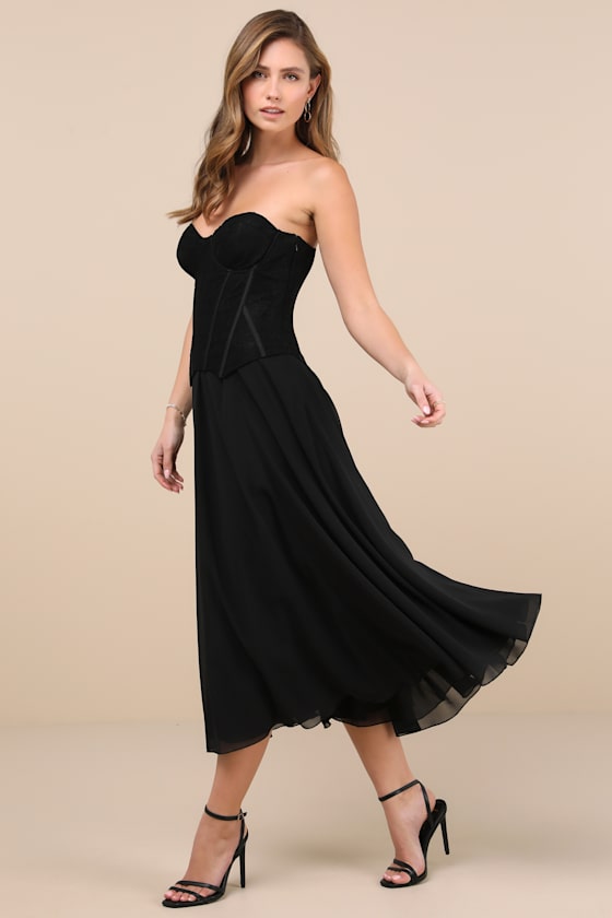 Truest Sensation Black Lace Bustier Midi Dress 3