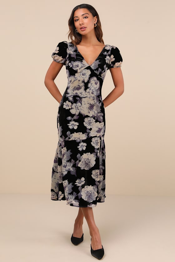 Lulus Real Lovely Black Floral Burnout Velvet Midi Dress In Black