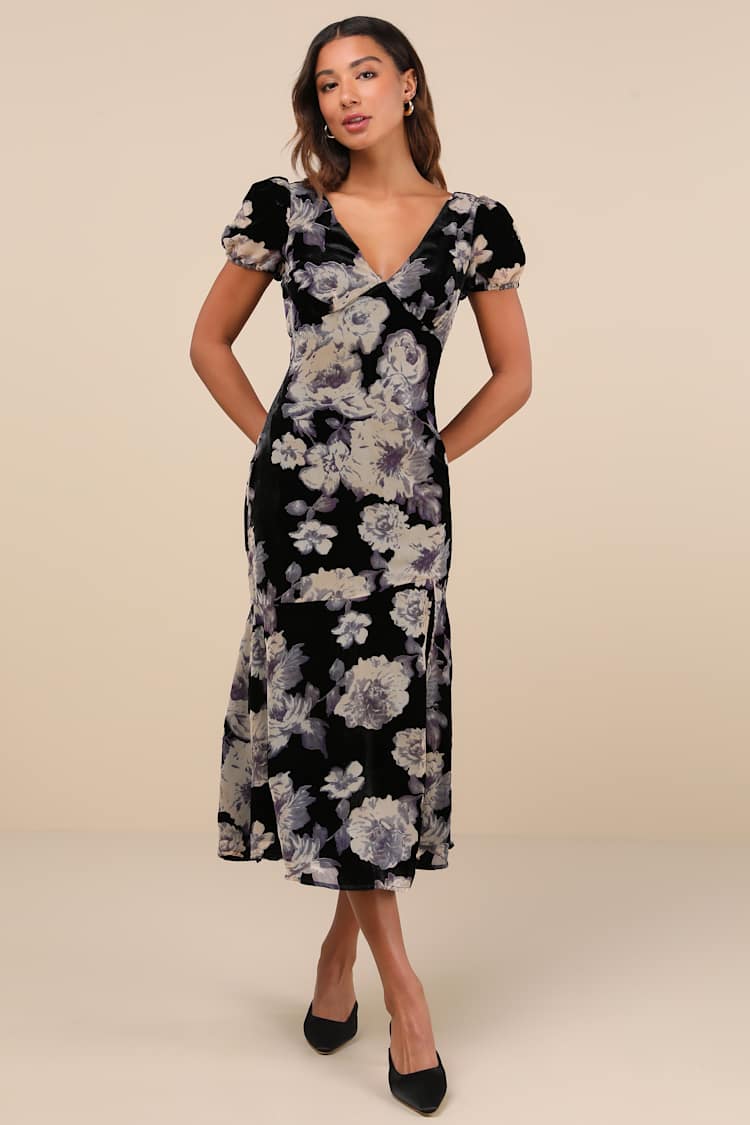 Black Velvet Dress - Burnout Dress - Puff Sleeve Midi Dress - Lulus