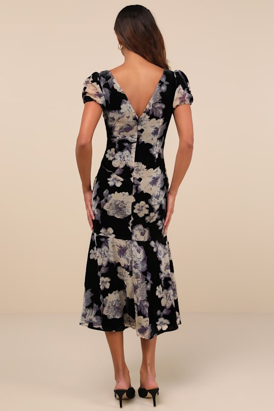 Lulus Real Lovely Black Floral Burnout Velvet Midi Dress In Black